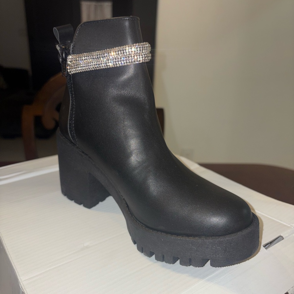 Black Ankle Boots with Rhinestone Strap